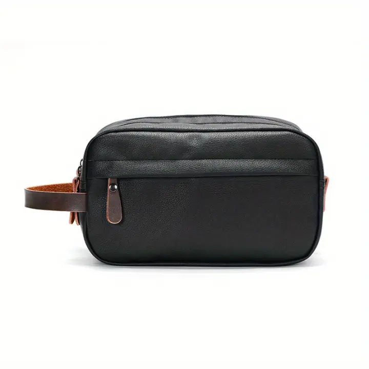 Bolso Retro Negro Para Hombres Bolso De Viaje Portátil Para Almacenamiento De Artículos De Higiene Personal Cierre De Doble Cremallera Impermeable Y Casual - 1
