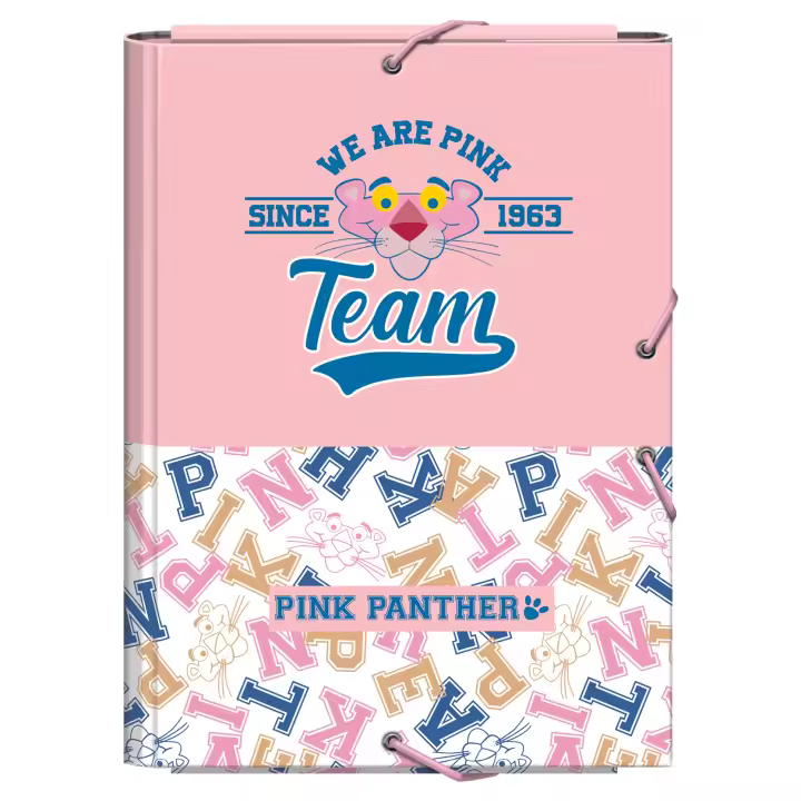 Dohe - Carpeta Escolar Solapas y Gomas - Tamaño Folio 26,5x35 cm, Capacidad 100 Hojas, Tapa Dura de Cartón, Portafolios Vuelta al Cole, Material Escolar - Pink Panther Team - 1