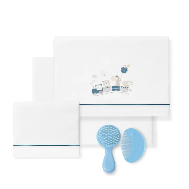 Conjunto 3Pcs Cama 60X120(Lençol152X102+Lençol B.120X60X12+Almofada60X30)-Algodão-Jirafa-B/Azul Scur B.Active - 1