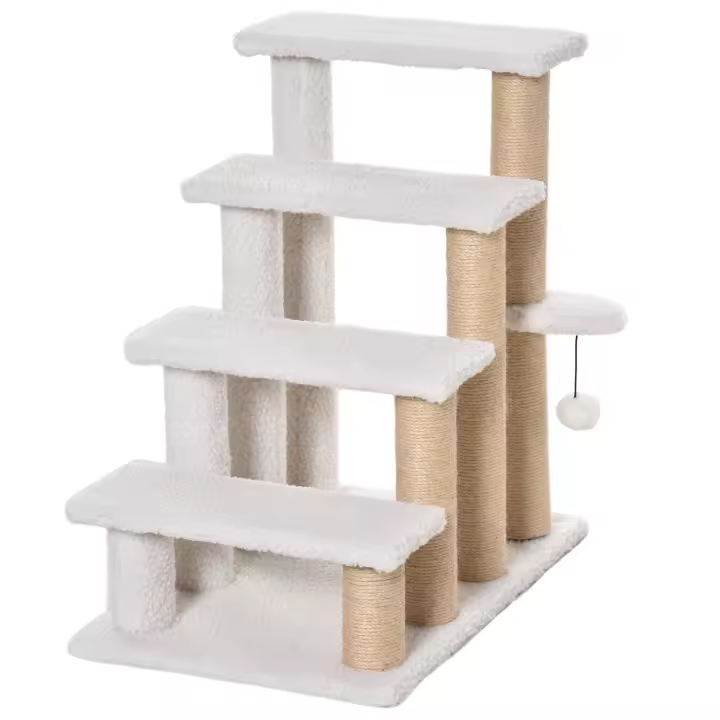 PawHut Escaleras para mascotas con poste rascador, bola, 4 peldaños, escaleras para gatos, escaleras para perros, escaleras para animales, aglomerado, yute de felpa, blanco, 60 x 40 x 64 cm - 1