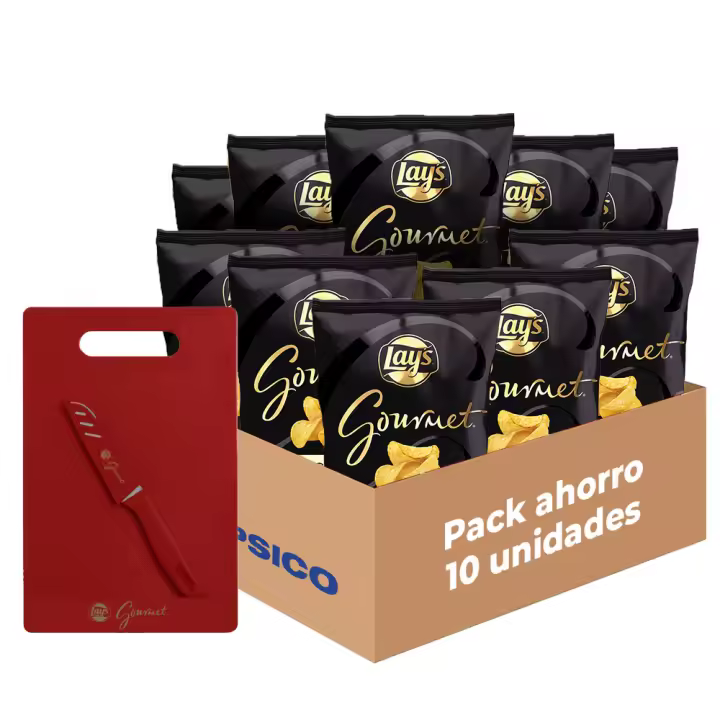Pack Regalo Lay's Gourmet - Patatas Fritas con Sabor Original, Pack Regalo de 10 Bolsas de Patatillas Deliciosas e Irresistibles, Snack y Aperitivo, Total: 10 x 170g = 1700 g + Tabla de Cortar y Cuchillo - 1