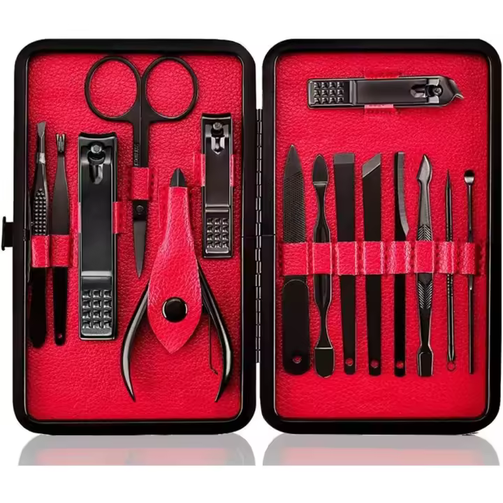 Set de manicura y pedicura Profesional de Maple inoxidable con cortaúñas y estuche de viaje (15 unidades, Rojo) - 1