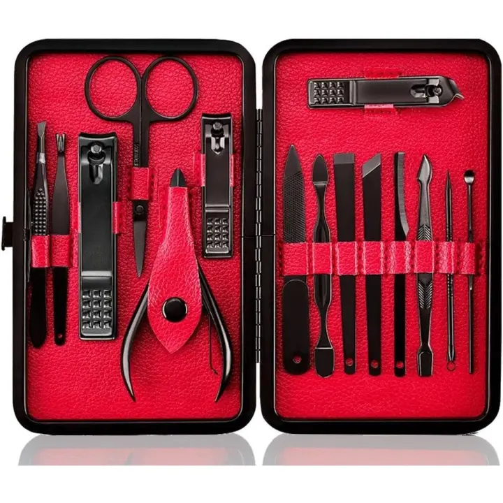 Set de manicura y pedicura Profesional de Maple inoxidable con cortaúñas y estuche de viaje (15 unidades, Rojo) - 1