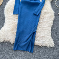 Vestido De Punto Para Mujer REALEFT Otoño Invierno Con Abertura Lateral Y Cuello Redondo Manga Larga Solido Vestido Recto De Oficina - details 15
