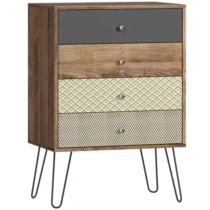 HOMCOM Cómoda 4 Cajones, Cómoda Dormitorio, con Patas de Horquilla de Acero, Cajonera para Salón, Oficina, Estilo Bohemio, 60x39x86 cm, Multicolor - 1