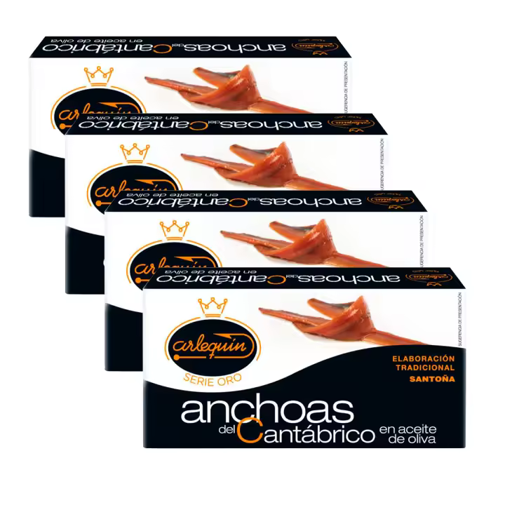 ARLEQUIN Serie Oro Anchoa del Cantábrico, Elaborada en Santoña, en Aceite de Oliva, Pack 4 latas de 50 grs (200 grs) - 1