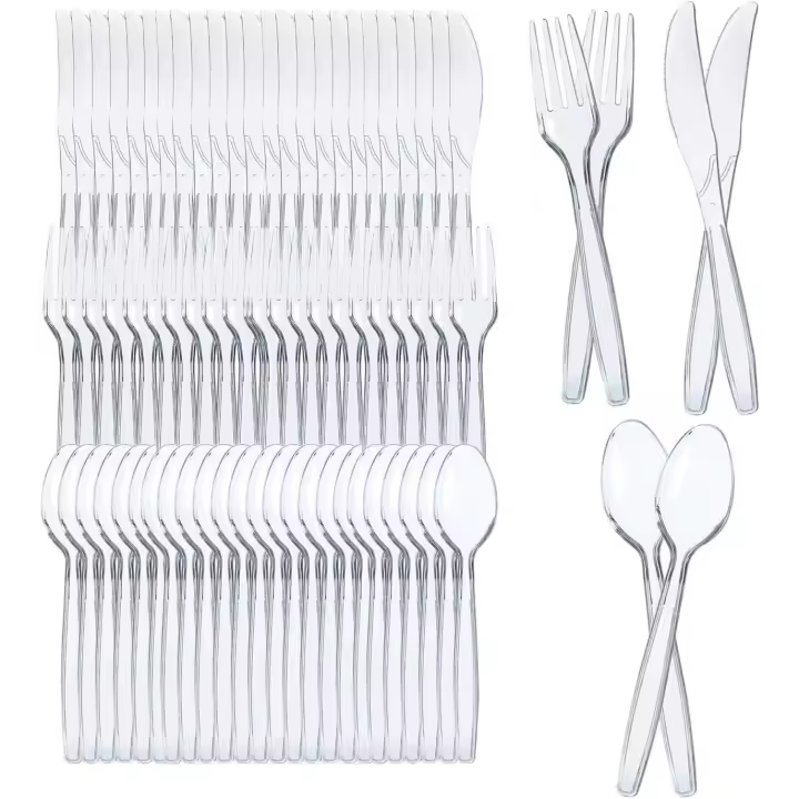 C.A - Cubiertos de Plástico de Alta Resistencia,Juego de Transparente Reutilizable,Cucharas cuchillos tenedores para Actividades de Cumpleaños, Fiestas, Buffets,Bodas,Catering, Barbacoas - 1