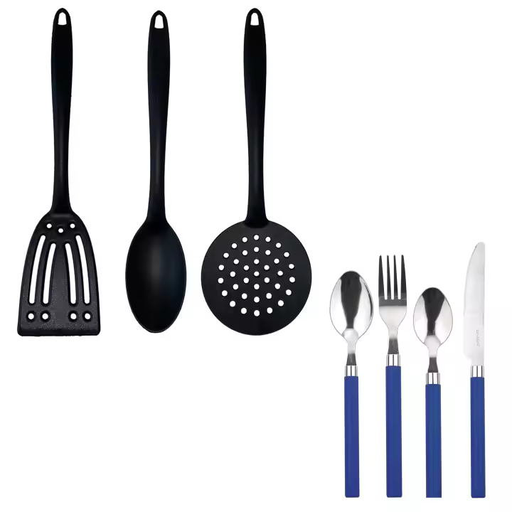 Cuberteria 24 piezas RENBERG de acero inoxidable Happie Blue con set de 3 utensilios de cocina en nylon - 1
