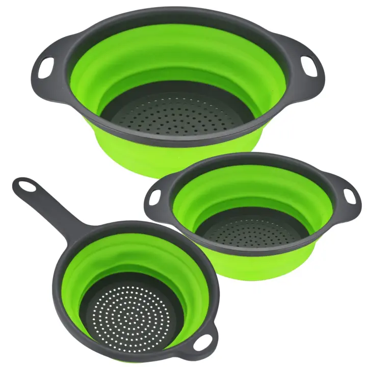 3 Coladores de Silicona con Asa - Ideal para Excurre Frutas, Verduras y Pasta-Color Verde-Ahorra Espacio - 1