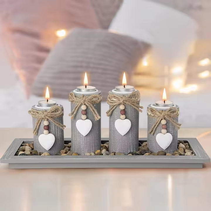 Juego de 4 candelabros con bandeja de madera, candelabros para velas de té, centro de mesa, decoración del hogar, adornos para fiestas navideñas - 1