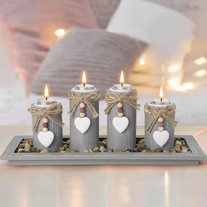 Juego de 4 candelabros con bandeja de madera, candelabros para velas de té, centro de mesa, decoración del hogar, adornos para fiestas navideñas - 1