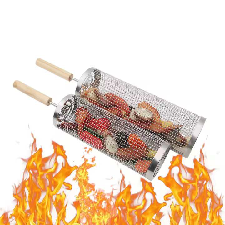 Juego de Cestas para Parrilla Anidadas, Mango de Madera Extraíble, Acero Inoxidable 304, Accesorios Barbacoa para Verduras y Camarones, Parrilla Barbacoa para Camping, Regalo Hombre Padre（45.5×10＋42.5×9cm） - 1