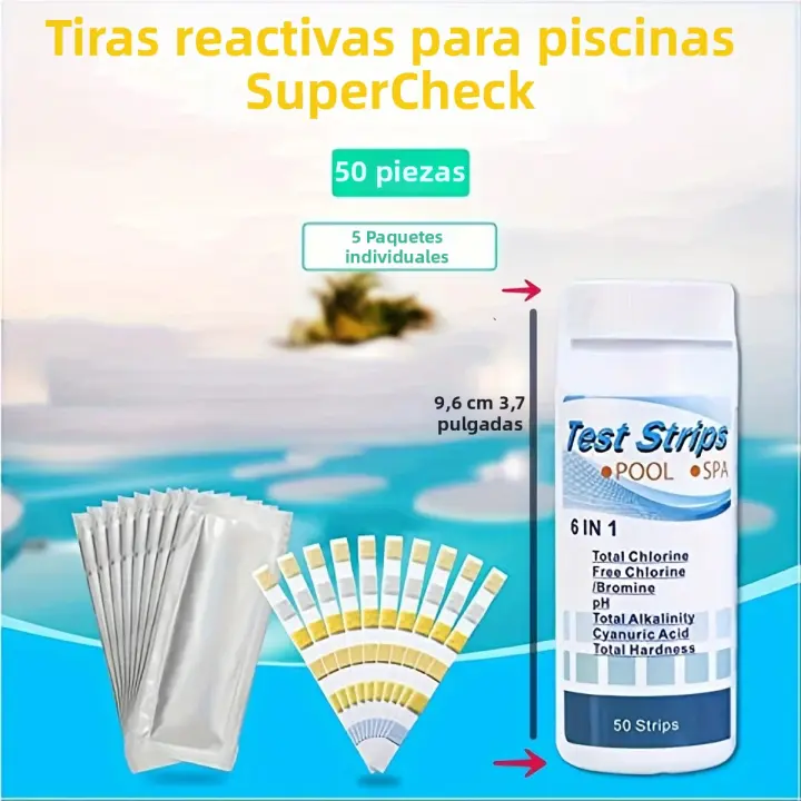50 Strips De Prueba Para Piscina Y Baño Calentado 6-in-1 Cloro Bromo pH Alcalinidad Ácido Ciclorúrico Para Agua De Piscina Y Baño Calentado - 1