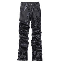 Pantalones De Cuero PU Para Hombre Estilo Hip Hop Harajuku Retro Callejero Casual Ruched Pleated Color Sólido Negro Talla Grande - details 6