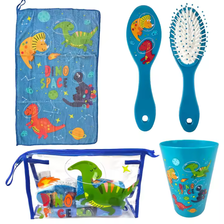 Neceser Aseo Viaje Infantil Dinosaurios Set de Aseo para Niño con Toalla de manos, Cepillo para pelo, Vaso, Regalo Cumpleaños, Ideal para Colegio, Guardería - 1