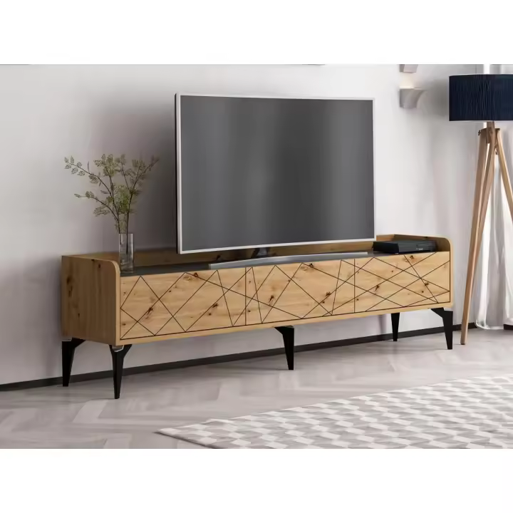 Vente-unique - Mueble TV con 3 puertas - Natural y antracita - MONALIA - 1