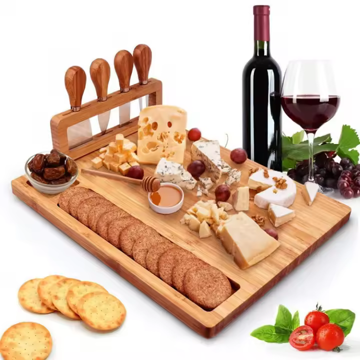 Tabla para quesos, que sirve bandeja con 4 cuchillos de acero inoxidable, madera maciza charcutería tabla (14 'x 11') - 1