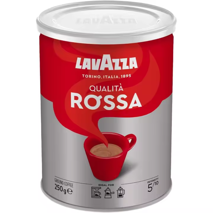 Lavazza, Qualità Rossa, Café Molido Natural, Ideal para Cafetera Italiana, de Filtro y Francesa, con Notas Aromáticas de Chocolate, Arábica y Robusta, Intensidad 5, Tueste Medio, Lata de 250 g - 1