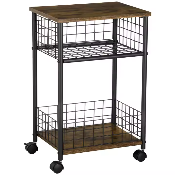 HOMCOM Carro de cocina Carro de servicio con encimera y 2 cestas de almacenamiento Carro auxiliar con ruedas de 360° Carro de cocinaCarro de almacenamiento lley Tablero de partículas Rústico-Marrón 40 x 30 x 62 cm - 1