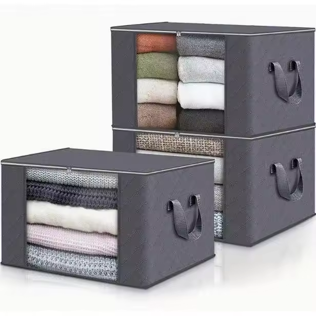 3-Pack Large Capacity Foldable Fabric Storage Bins - Ideal for Bedding, Clothes, Pillows, Quilts - Perfect for Home, Bedroom, Dorm, Spa Wardrobes - Grey Woven Material, No Electricity Needed - 1