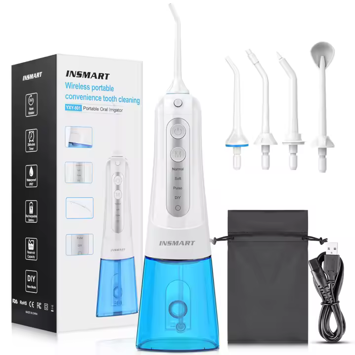 INSMART Limpieza Dental Portátil Agua Aireadora 300ML Con 6 Brocas Diferentes Blanqueamiento De Dientes Flosser De Agua Pulso Recargable IPX7 Para Adultos - 1
