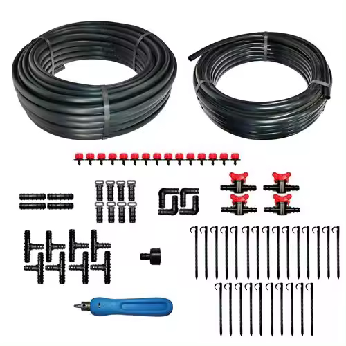 DRIPALIA - Kit riego goteo: 50 m tubería 16 c/goteros 4L a 33 cm + 25 m sin gotero +15 goteros regulables + 54 accesorios +1 sacabocados - 1