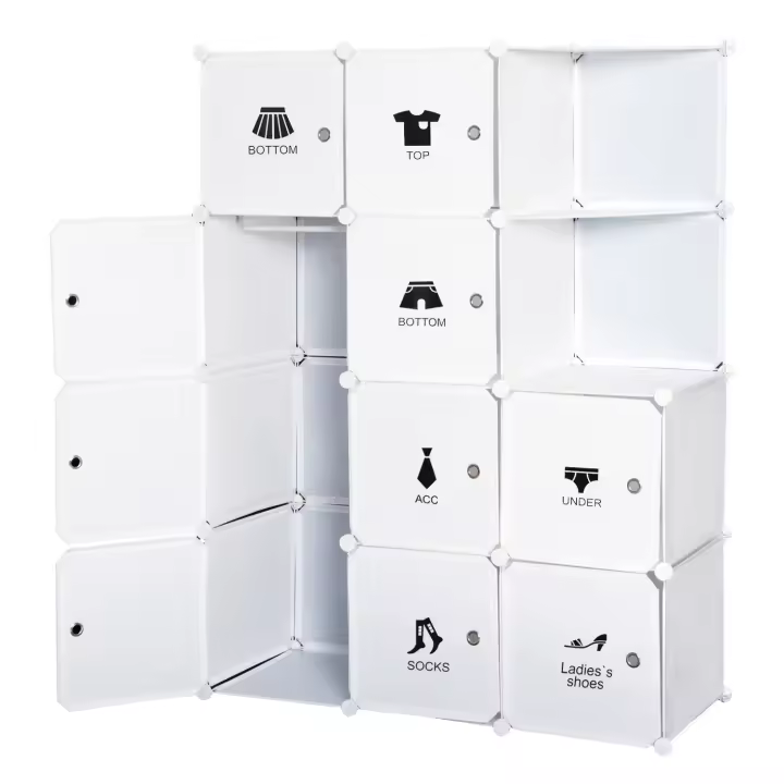 HOMCOM Armario modular con múltiples espacios de almacenaje 10 cubos + 2 estantes + adhesivos decorativos 111L x 47L x 145H cm en plástico blanco - 1