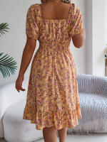 Vestido Elegante De Primavera Y Verano Para Mujer Con Estampado Floral Cuello Cuadrado Manga Corta Volante Al Borde Vestido A-Line De Rodilla Casual - details 25