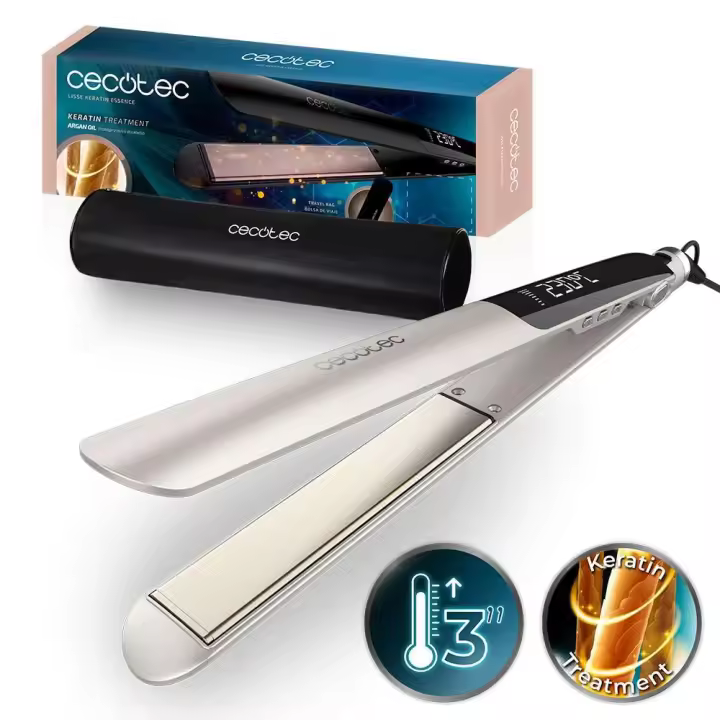 Cecotec Plancha de Pelo Estrecha con Cable Lisse Keratin Essence Champagne. Función HeatMax, 130-230ºC, Revestimiento Cerámico con Queratina y Aceite de Argán, Apagado Automático, Bolsa de Viaje - 1