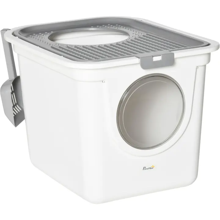 PawHut Arenero para Gatos con Pala Inodoro para Mascotas con 2 Puertas Entrada Principal y Salida Superior 44x55x39 cm Blanco y Gris - 1