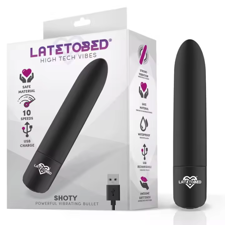 Bala Vibradora LATETOBED 10 Velocidades Shoty. Recargable USB. Silicona Segura. Impermeable. 10 cm x 1.98 cm - 1