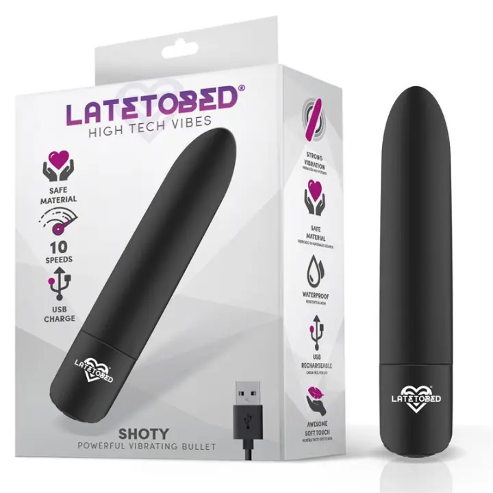 Bala Vibradora LATETOBED 10 Velocidades Shoty. Recargable USB. Silicona Segura. Impermeable. 10 cm x 1.98 cm - 1