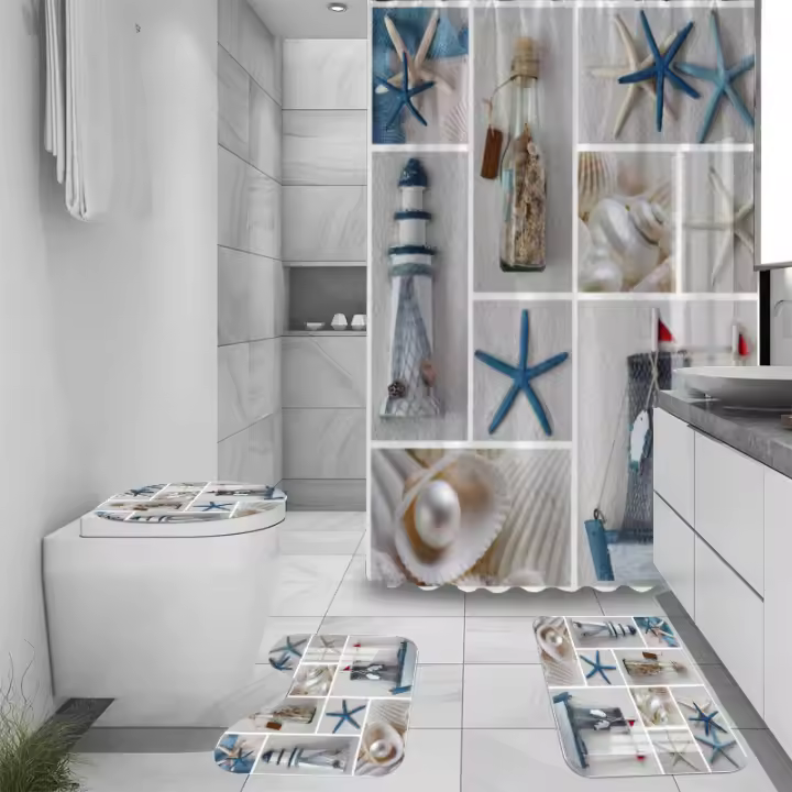 Cortina de ducha náutica de verano de 180 x 180 cm, diseño de estrellas de mar, velero, playa, concha, mar, impermeable, con ganchos, decoración de baño. - 1