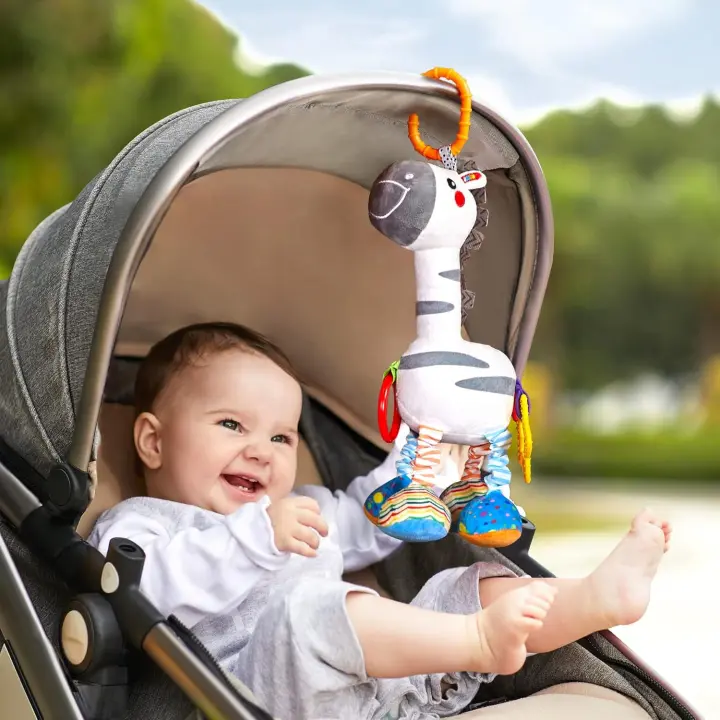 Juguete colgante de cebra para bebés de 0, 3, 6, 9 y 12 meses. Sonajero con campanillas de mano, peluche suave, juguete sensorial para cochecito. - 1