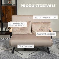 Sofá para 2 personas con función de Cama, 102x73x81 cm, con respaldo ajustable en 5 Direcciones, Pies antideslizantes, exterior de terciopelo, Marron Claro - details 0