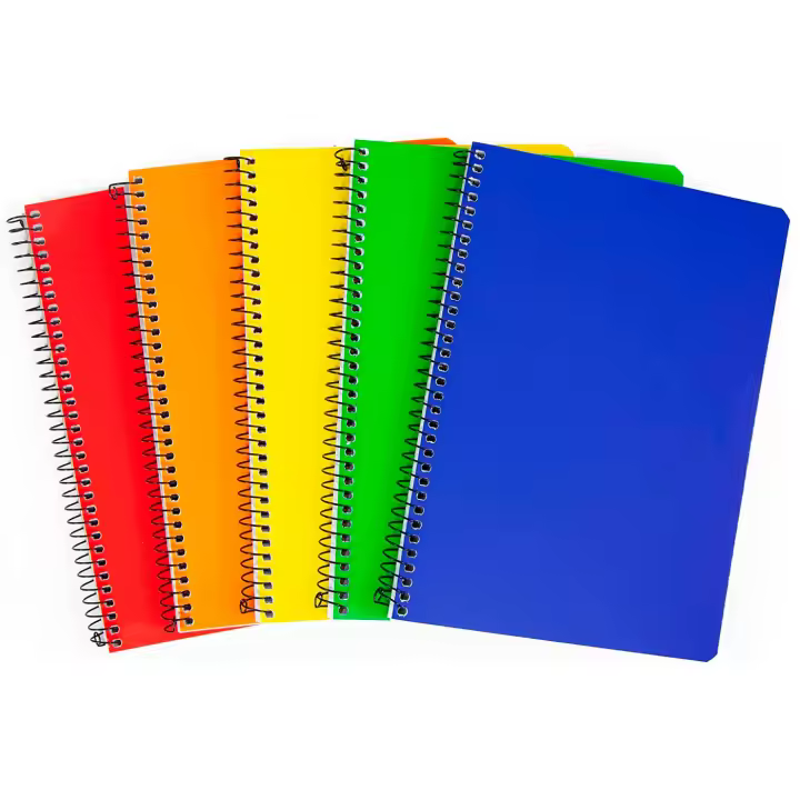 Tradineur - Pack de 5 cuadernos de pauta, tamaño 4º, tapas de cartón, encuadernación de espiral, 80 hojas, 21,5 x 15 cm, colores aleatorios - 1