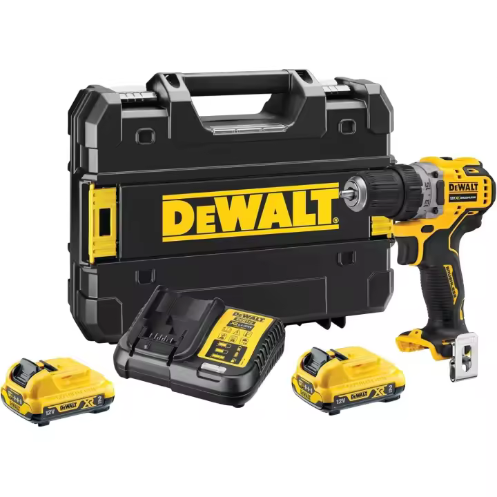 DeWalt DCD701D2-QW - Taladro Atornillador sin escobillas XR 12V 10mm 57,5Nm con 2 baterías Li-Ion 2Ah y maletín TSTAK, 12 V, Negro Y Amarillo - 1