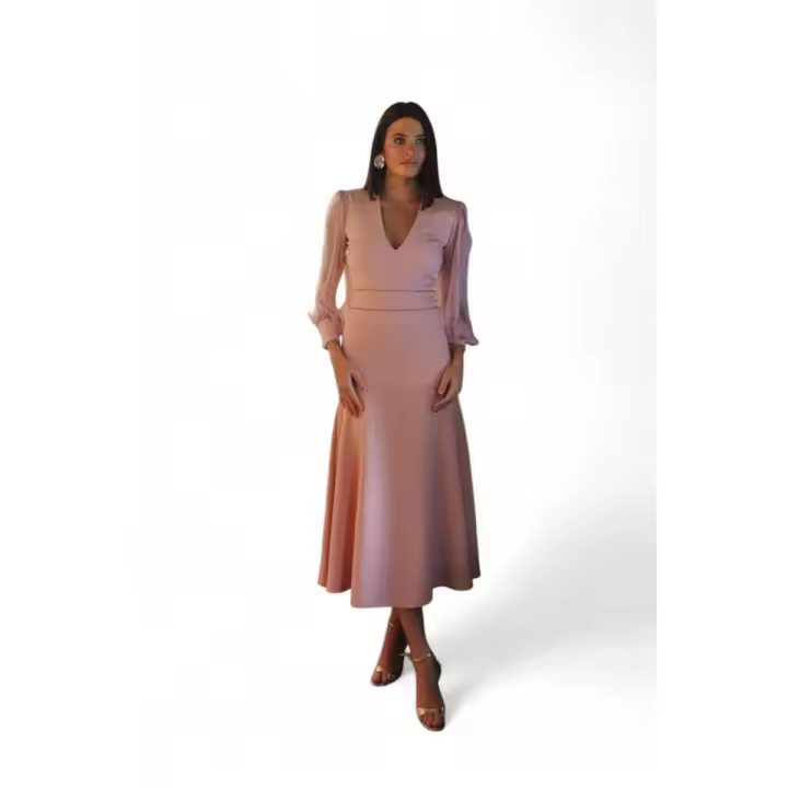 Cayro Vestido Chía, Vestido Midi Rosa, Manga Semitransparente - 1