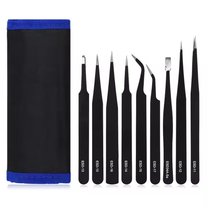 Set Profesional De Pinzas 9pcs Toolour Con Bolsa De Herramientas Resistente a Los Ácidos Y Magnéticas Para Reparación De Joyería Y Electrónica - 1