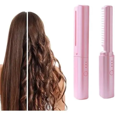 Mini plancha de pelo, 2025 nueva, 3 ajustes de temperatura, peine alisador eléctrico, cepillo para el pelo con calefacción, cepillo alisador de pelo para viajes (rosa) - 1