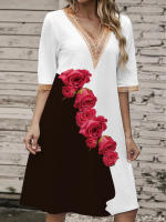 Vestido Corto Impreso Verano Con Cuello V Y Encaje Talla Grande Hasta La Rodilla Para Mujer Estilo Casual Polyester - details 8