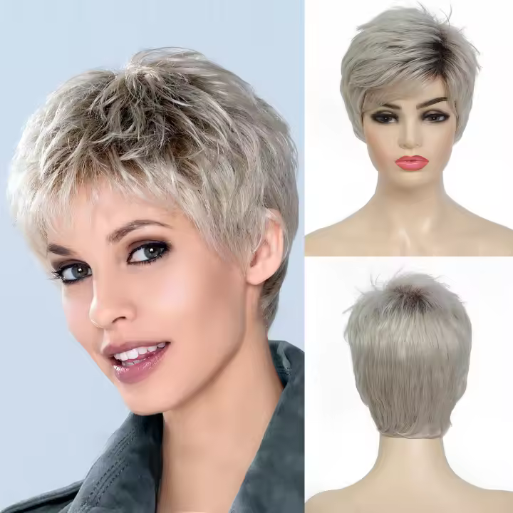 Pelucas Sintéticas De Pelo Ombre Marrón Y Rubio Para Mujeres BCHR Corta Pixie Cut Peluca Mixta De Uso Diario Tamaño Promedio Densidad 150% - 1