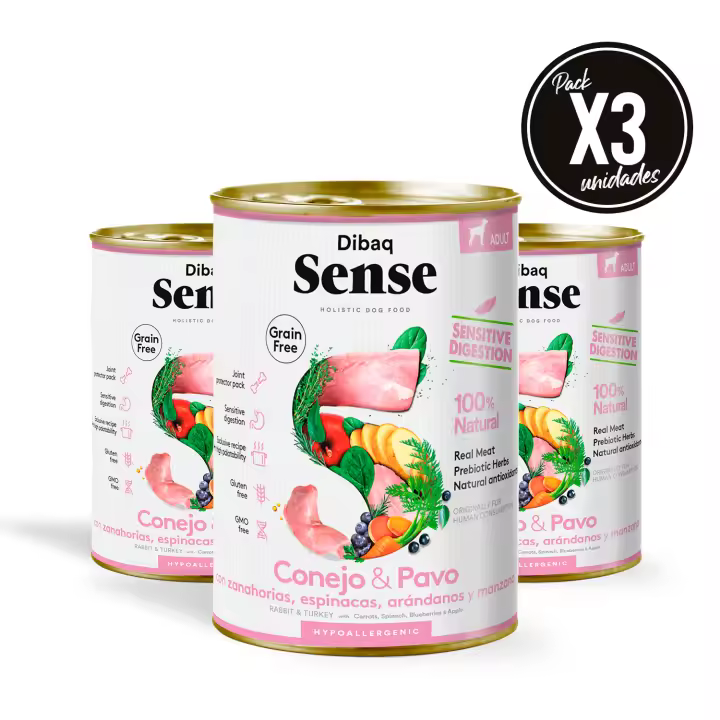 Dibaq Sense Dog,  comida húmeda, conejo y pavo, sin cereales, pack 3 uds x 380 gr - 1