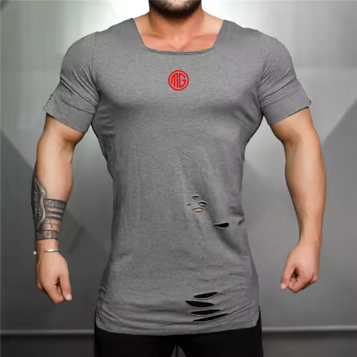 Men's Outdoor Casual Hip Hop T-Shirt Summer Short Sleeve Square Collar Hole T Shirts Gym Fitness Shirt Slim Fit Cotton Clothing - 1