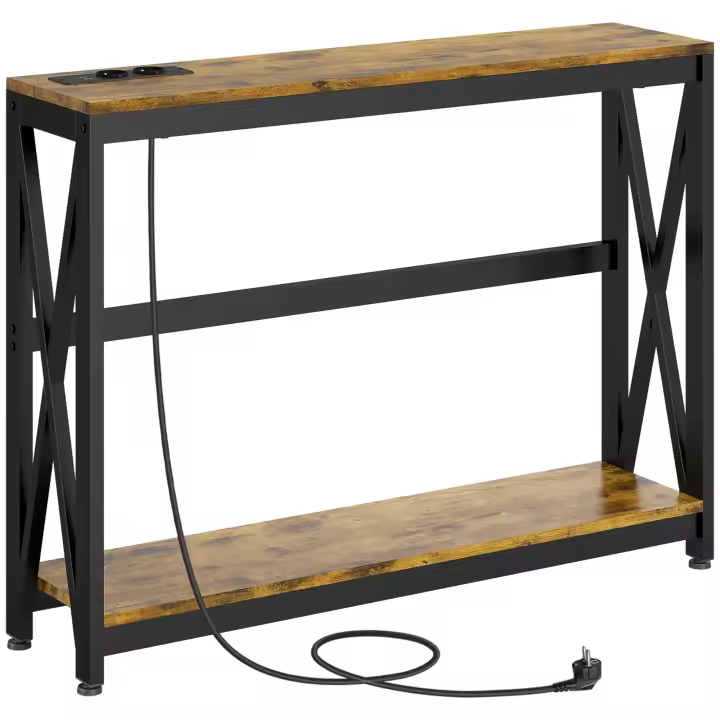 HOMCOM Mesa Consola Industrial Mesa de Entrada de 2 Niveles con Estación de Carga 2 USB y Marco de Acero Mueble de Recibidor para Salón Pasillo 100x24x75 cm Marrón Rústico - 1