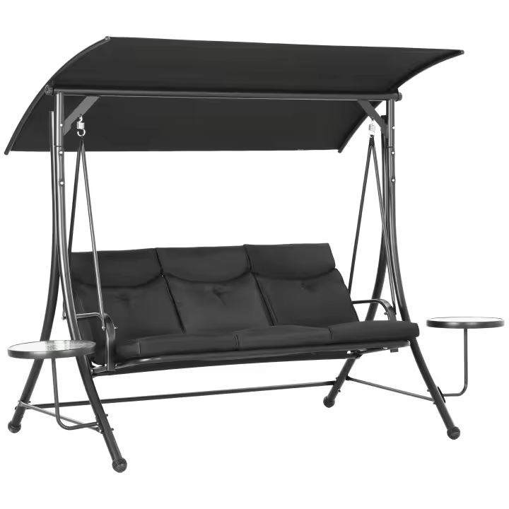 Columbio con Mesa de café, Columbio de Jardín de 3 plazas con Toldo ajustable, Banco de columpio Carga hasta 300 kg, Jardín, Patio, 271X125x177 cm, Negro - 1