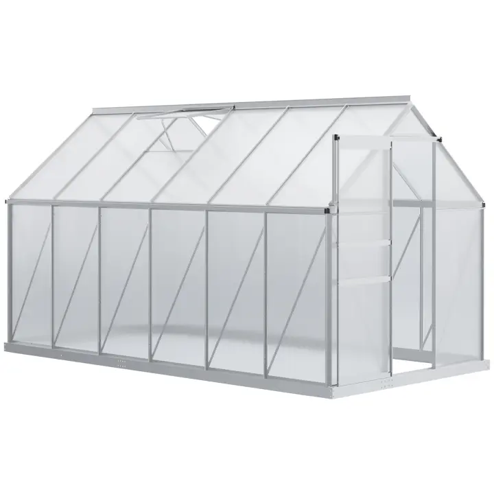 Outsunny Invernadero Policarbonato Aluminio de Jardín 190x375x199 cm 7,1m² Caseta de Exterior con Base Puerta Corredera y 2 Tragaluces para Cultivo Plantas Semillas Transparente - 1