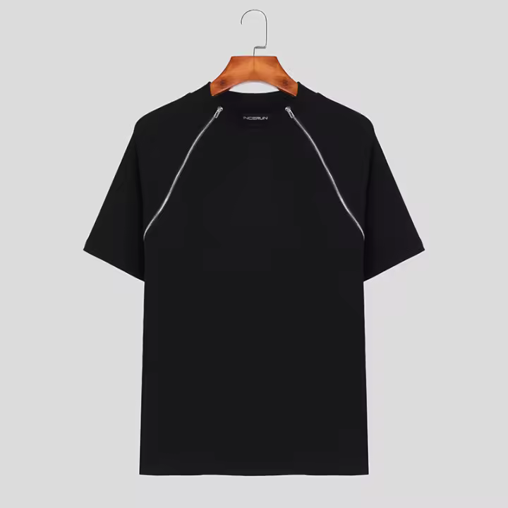 Camiseta De Hombre INCERUN Con Diseño De Cierre De Doble Cremallera Y Rayas Casual Corta S-5XL T-Shirts De Algodón Y Poliéster - 1