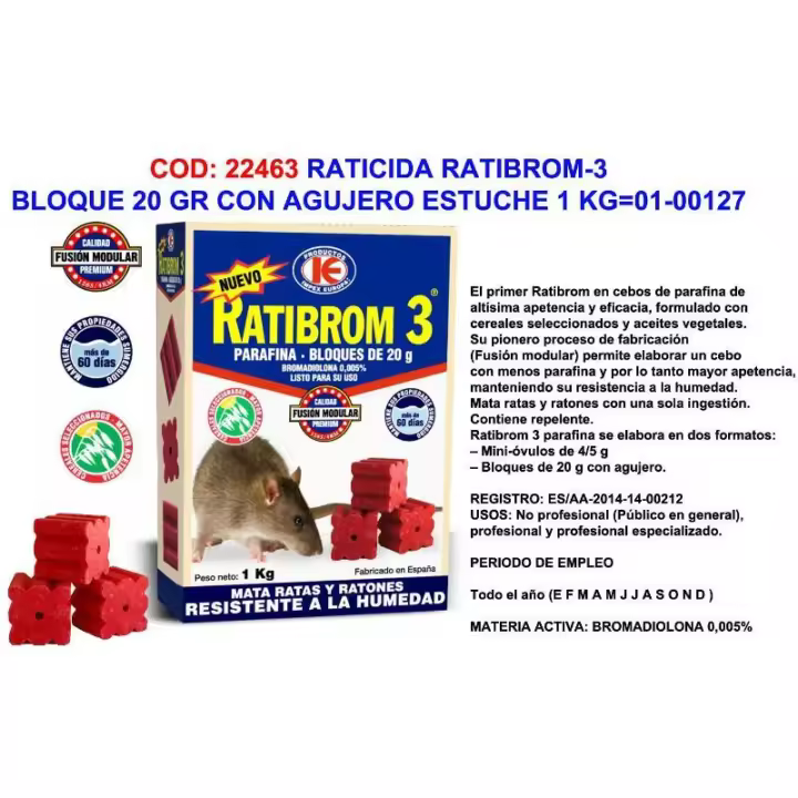 Raticida ratibrom-3 bloque 20 gr+agujero estuche 1 kg d01.328 - 1
