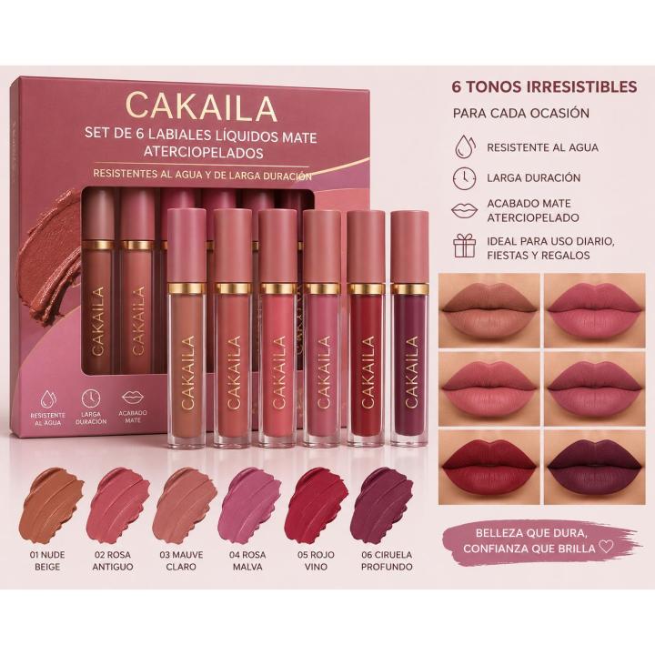 CAKAILA - Set de 6 labiales líquidos mate aterciopelados resistentes al agua y de larga duración para uso diario… — oferta en Miravia